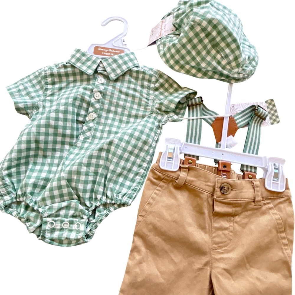 Tommy Bahama 3 Piece Set Infant 3M Green Gingham Romper Pants Hat